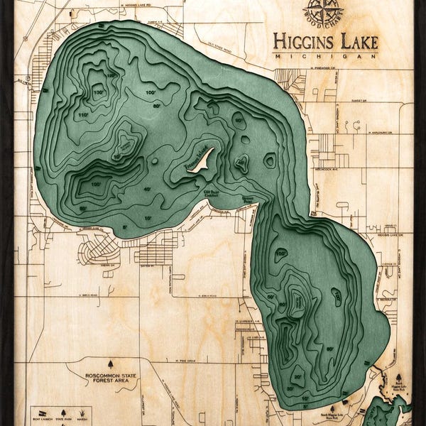 Higgins Lake Wood Carved Map