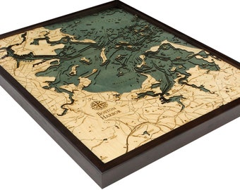 Boston Harbor Wood Carved Map- Dark Frame