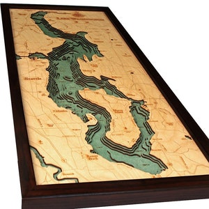 Lake Washington Wood Carved Map-  Dark Frame