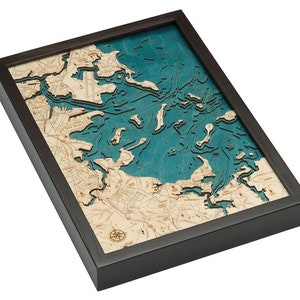 Boston Harbor Wood Carved Map- BLUE- Dark Frame