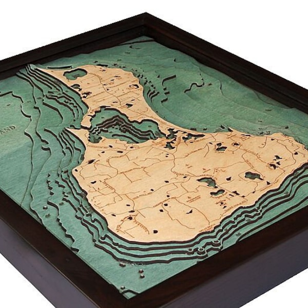 Block Island Wood Carved Map- Dark Frame