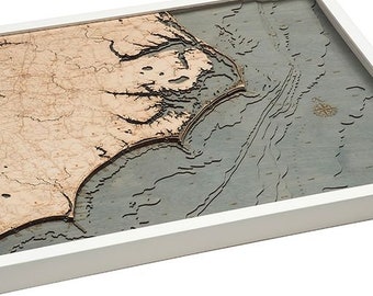 North Carolina Coast Wood Carved Map - White Frame