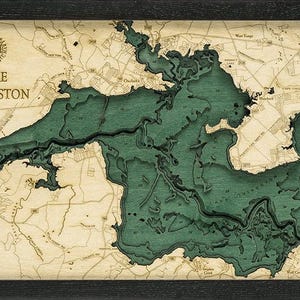 May include: A wooden map of Lake Livingston, Texas, with a green lake and brown land. The map is framed in black and has a compass rose and the words "Lake Livingston" in the upper left corner.