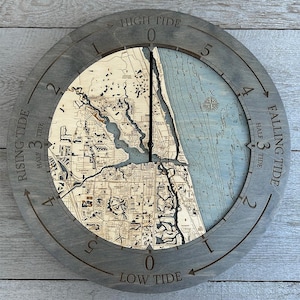 May include: A wooden tide clock with a map of a coastal area. The clock face has numbers 1 through 5 and the words "High Tide", "Low Tide", "Rising Tide", and "Falling Tide".