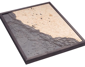 May include: A wooden map of a coastline with detailed contour lines, framed in dark wood. The map is raised and textured, showing the depth of the ocean.