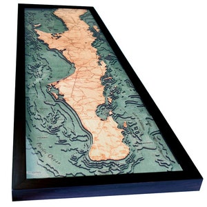 Baja Peninsula/Gulf of California Wood Carved Map (Dark Frame)