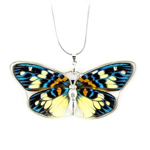 Real Teal & Yellow Butterfly Necklace, Clear Resin Art, Colorful Nature Jewelry, Gifts for Her, Mother&#39;s Day Gifts, Bold Pendant Necklace