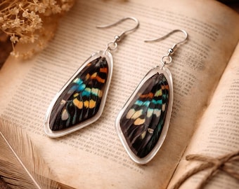 Real Butterfly Wing Earrings, Teal Orange Resin Jewelry