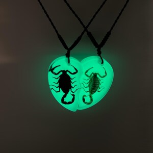 Glow in the Dark Scorpion Necklace, Split Heart Pendant, Matching Couple Necklace, Real Scorpion Resin Jewelry