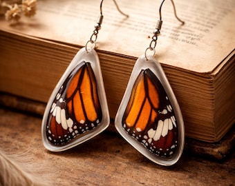 Real Monarch Butterfly Wing Earrings: Clear Resin Art Jewelry