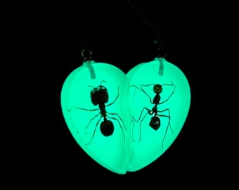 Glow in the Dark Ant Necklace, Split Heart Resin Pendant, Couple Jewelry