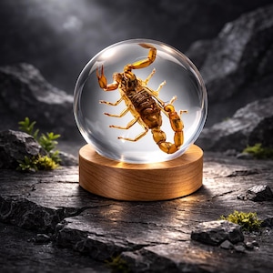 Real Scorpion Resin Sphere – Insect Specimen Display with Wooden Base
