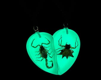 Glow in the Dark Scorpion Spider Necklace, Split Heart Resin Pendant