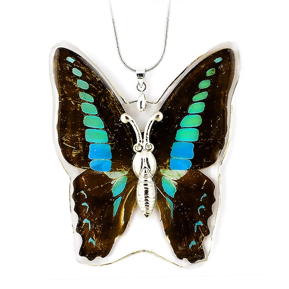 Real Teal Blue Butterfly Necklace, Clear Resin Art, Colorful