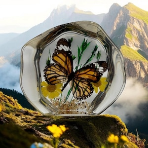 Monarch Butterfly Paperweight Desk Decor, Clear Resin Art, Real Butterfly & Flowers, Gifts for Her, Mother's Day, Room Decor, Housewarming