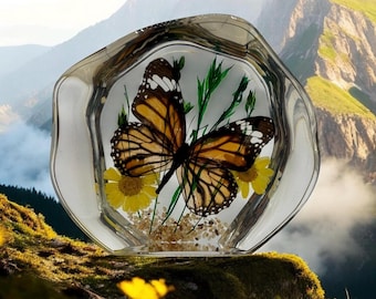 Monarch Butterfly Paperweight, Real Flowers, Clear Resin Desk Decor