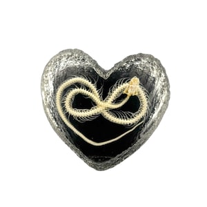 May include: A heart-shaped resin paperweight with a white snake skeleton inside. The resin is clear and the snake skeleton is visible. The paperweight is a dark gray color.