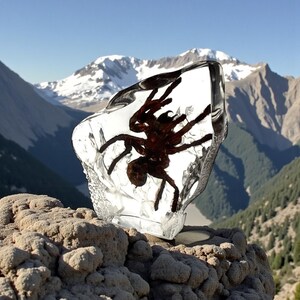 May include: A dark brown tarantula encased in a clear, irregularly shaped block. The spider's legs and body are visible within the transparent material. The block is resting on a rock, with a mountain range in the background.