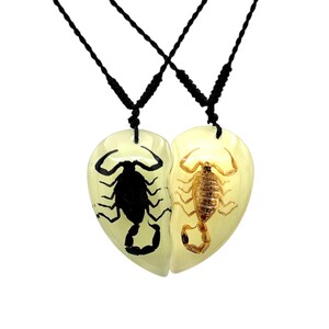 Glow in the Dark Scorpion Necklace, Split Heart Pendant, Matching Couple Necklace, Real Scorpion Resin Jewelry
