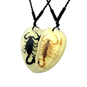 Glow in the Dark Scorpion Necklace, Split Heart Pendant, Matching Couple Necklace, Real Scorpion Resin Jewelry