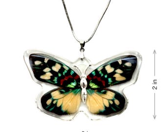 Real Butterfly Resin Pendant Necklace, Teal & Yellow Wings