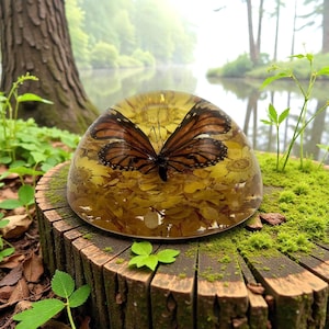 Monarch Butterfly Resin Paperweight, Real Flowers, Desk Decor