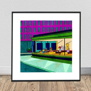 Op de afbeelding: Een ingelijste kunstdruk met een diner-scène. Het kunstwerk toont een groen en blauwgroen diner met gasten binnenin, tegen de achtergrond van een roze gebouw met blauwgroene ramen. De stijl doet denken aan een cartoon.