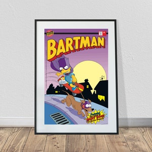 May include: Framed comic book cover featuring Bart Simpson as Bartman, skateboarding with a dog. The title "BARTMAN" is in large yellow letters. The background is purple with a full moon and silhouettes of houses.