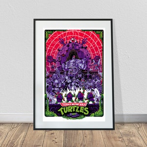 May include: A framed poster featuring the Teenage Mutant Ninja Turtles. The artwork showcases the turtles in front of a purple and red background with a large purple figure. The poster has a green border and the words "Teenage Mutant Ninja Turtles" are displayed.
