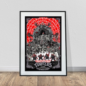 May include: Framed poster featuring a detailed illustration of the Teenage Mutant Ninja Turtles. The artwork showcases the turtles in action, with a red and black color scheme. The poster includes the text "Teenage Mutant Ninja Turtles".