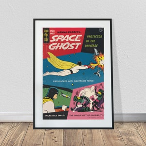 May include: A framed vintage comic book cover featuring Space Ghost, a superhero with a yellow cape, against a blue and red background. The cover includes text such as "Protector of the Universe" and "Fists packed with electronic force!"