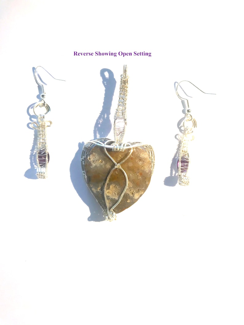 Wire coiled Earrings /& Necklace in 925 Sterling Silver Natural Unheated Amethyst Geode Heart with Faceted Amethysts