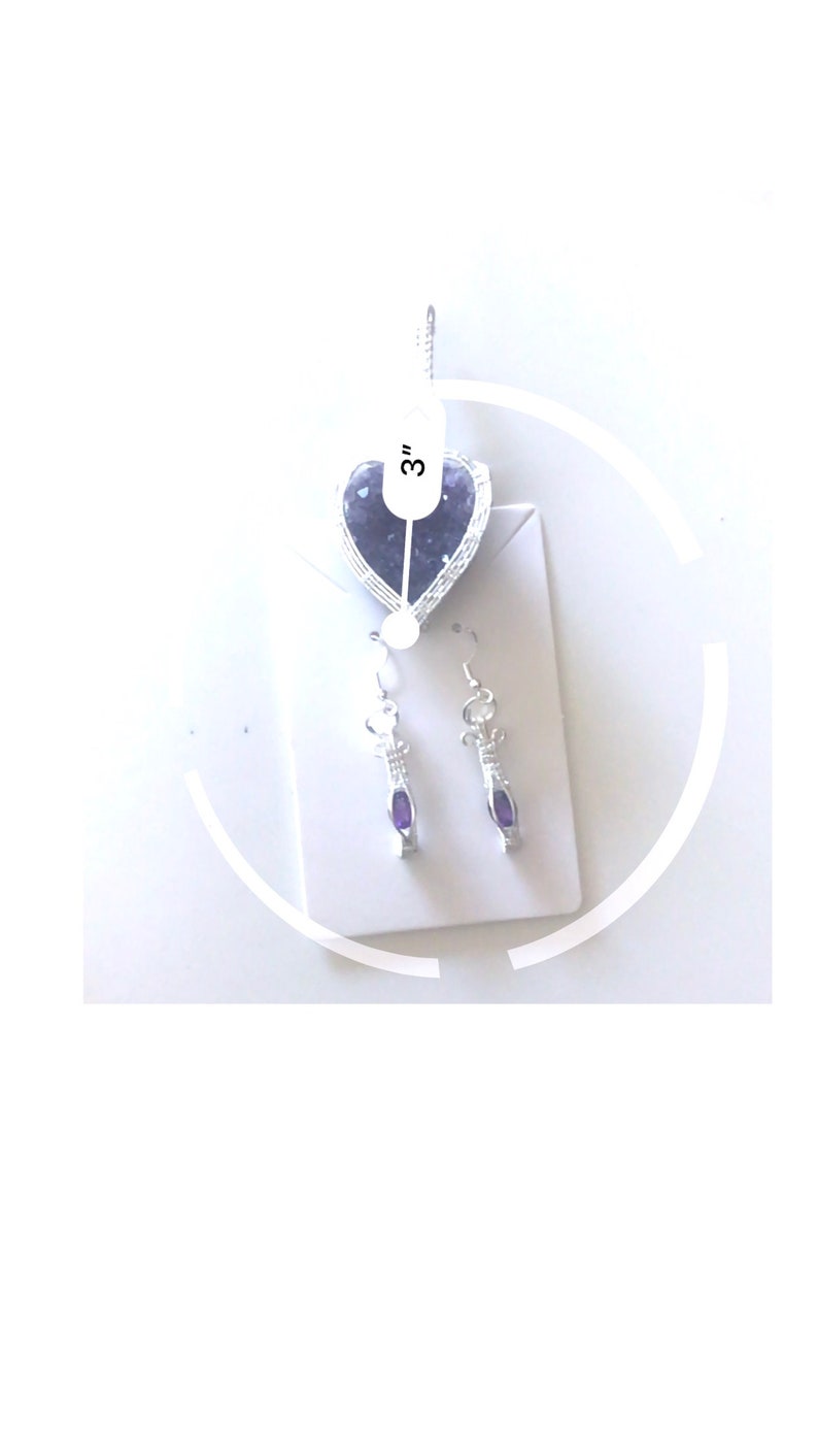Wire coiled Earrings /& Necklace in 925 Sterling Silver Natural Unheated Amethyst Geode Heart with Faceted Amethysts