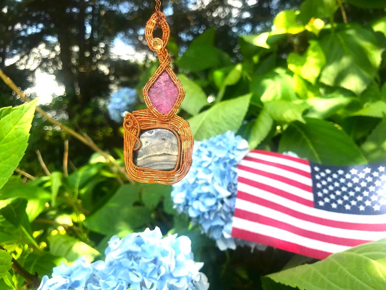 Wire coiled in Copper RUBY Corundum /& Faceted CITRINE PSILOMELANE