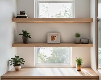 May include: Two wooden shelves with a window in the background. The shelves are empty except for a small framed picture, a potted plant, and a small cup on the top shelf.