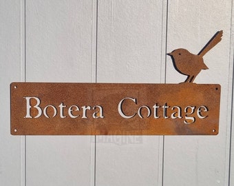 Custom Corten Steel Fairy Wren Property Name Sign, Airbnb Signage