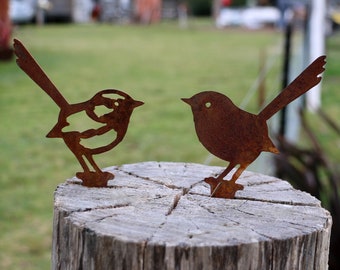 Metal Fairy Wren Pair: Garden Art Decor