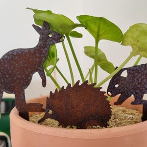Set of 3 miniature Australian animal corten (rusty) pot plant stakes - kangaroo, echidna & wombat.