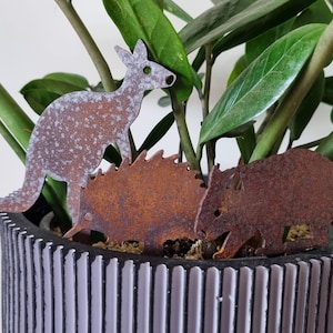 May include: Three rusty metal animal figurines: a kangaroo, a wombat, and a hedgehog. The figurines are arranged in a potted plant, with the kangaroo standing on top of the hedgehog.