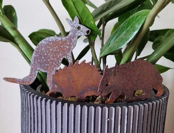 Mini Australian Animal Plant Stakes: Corten Steel Wombat, Kangaroo & Echidna Set