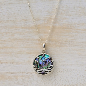 Lotus Flower Abalone Pendant + Sterling Silver Round Rolo Chain, Bali Pendant, Handmade Neckless, Artesian Jewelry