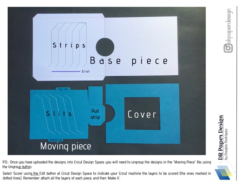 May include: Diagram showing how to make a paper box with a pull-out cover. The design includes a base piece with a slot, a moving piece with slits, and a cover piece. The instructions indicate to score the dotted lines using the Cricut Design Space software.