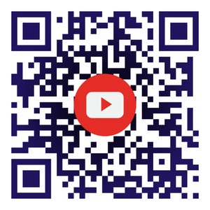 May include: A black and white QR code with a red circle containing a white play button in the center.