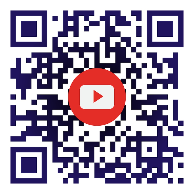 May include: A black and white QR code with a red circle containing a white play button in the center.