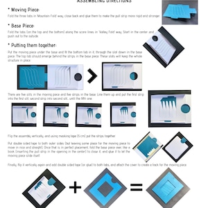 May include: Instructions for assembling a paper craft with a moving piece. The instructions include diagrams showing how to fold, glue, and tape the pieces together. The final product is a track with a moving piece that slides along it.