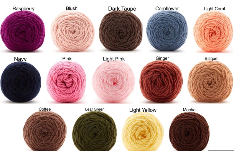 May include: A collection of yarn balls in various colors, including raspberry, blush, dark taupe, cornflower, light coral, navy, pink, light pink, ginger, bisque, coffee, leaf green, light yellow, and mocha. Each ball is labeled with its color name.