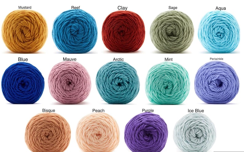 May include: A collection of fifteen yarn balls in various colors, including mustard, reef, clay, sage, aqua, blue, mauve, arctic, mint, periwinkle, bisque, peach, purple, and ice blue. Each ball is tightly wound, showcasing the texture of the yarn.