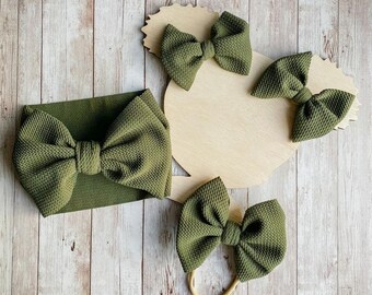 Fall Olive Baby Bow, Nylon Headband, Alligator Clip
