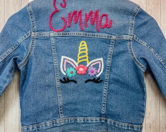 Girls' Personalized Denim Jacket, Unicorn Embroidery, Custom Name