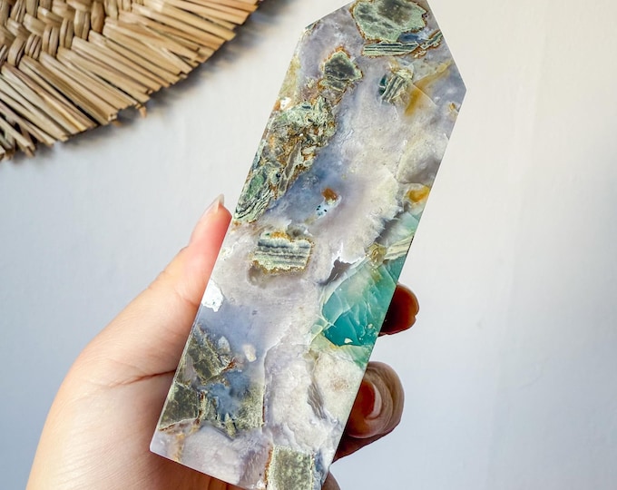 Premium Black flower agate crystal tower healing crystal home decor